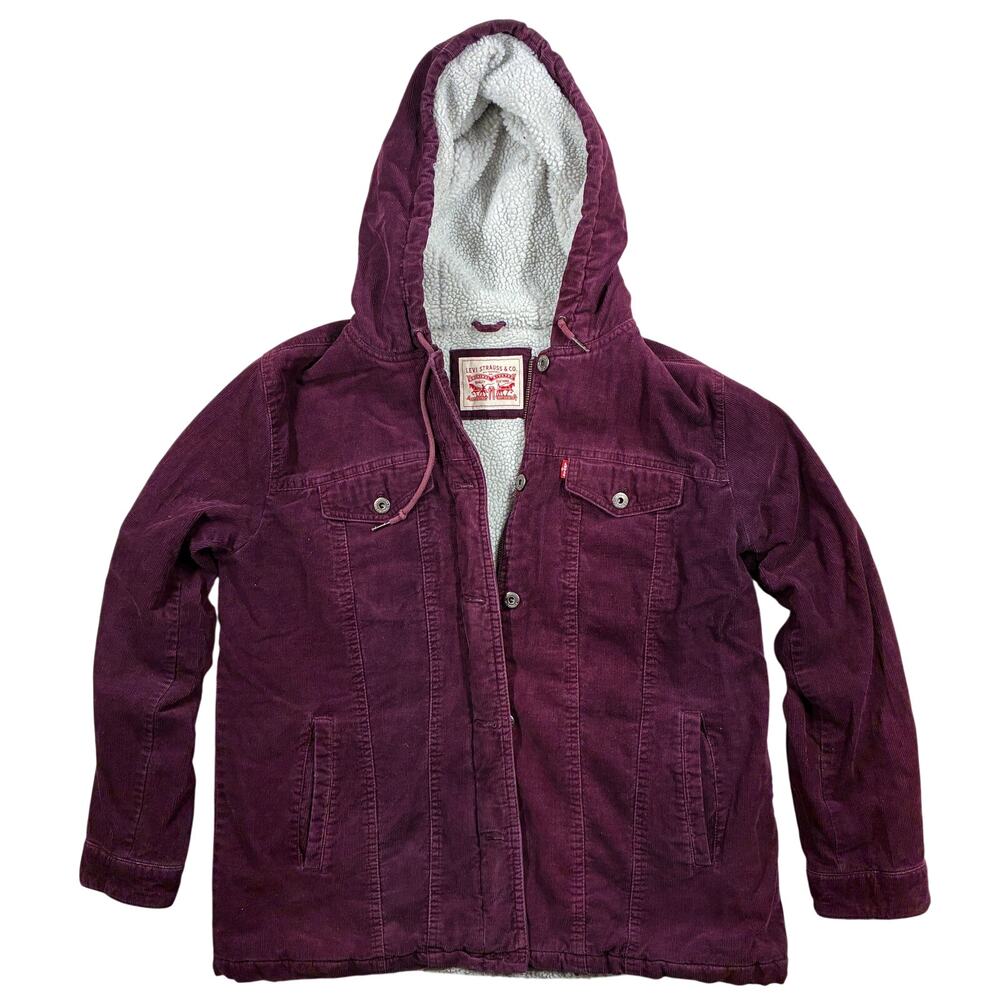Levi's Mia Trucker Jacket Women's Large Burgundy Corduroy Sherpa Lined Hooded